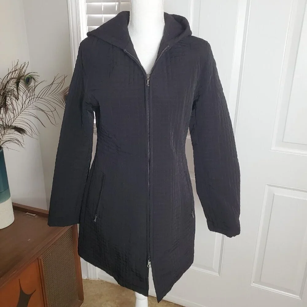 Esprit Quilted Jacket Womens Small Black Mid Length Hooded Zippered Pocket